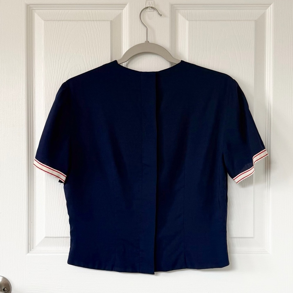 Vintage Sailor Style Navy Short-Sleeve Top with Red Ribbon Trim and Neck Bow USA - Picture 9 of 9